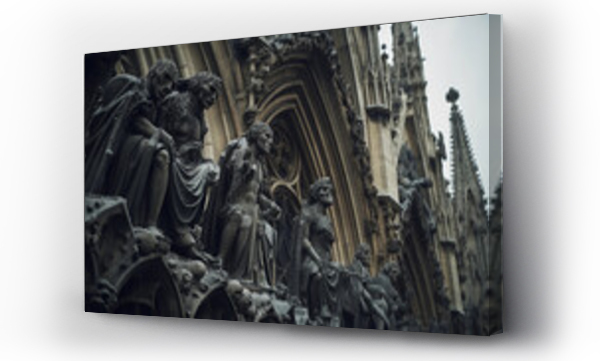Wizualizacja Obrazu : #658646185 Gothic cathedral, Paris, close - up of intricate gargoyles and sculptures, overcast day, textured details, dark mood