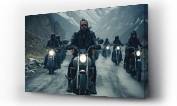 Wizualizacja Obrazu : #658784666 A group of men riding motorcycles on a road. This picture can be used to depict the thrill and adventure of motorcycling.