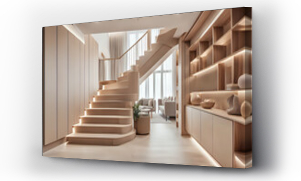 Wizualizacja Obrazu : #658844626 Luxury contemporary interior design in a multi storey home with sleek wooden stairs, lights strips and custom cabinets under them for storage. Stylish gentle calming composition
