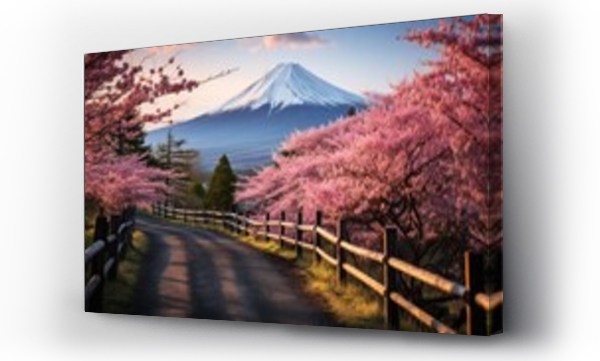Wizualizacja Obrazu : #658848506 blooming pink cherry blossom and mount Fuji at background.