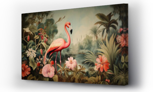 Wizualizacja Obrazu : #658924613 Vintage jungle wallpaper with flamingos, tropical birds.