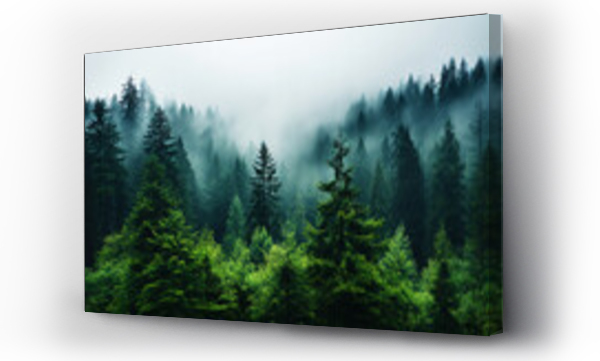 Wizualizacja Obrazu : #658965387 Misty mountain landscape with fir forest in vintage retro style. Generative AI