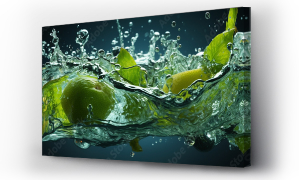 Wizualizacja Obrazu : #659032396 Wide horizontal banner of lime and lemon floating on a flowing water splash with fresh look
