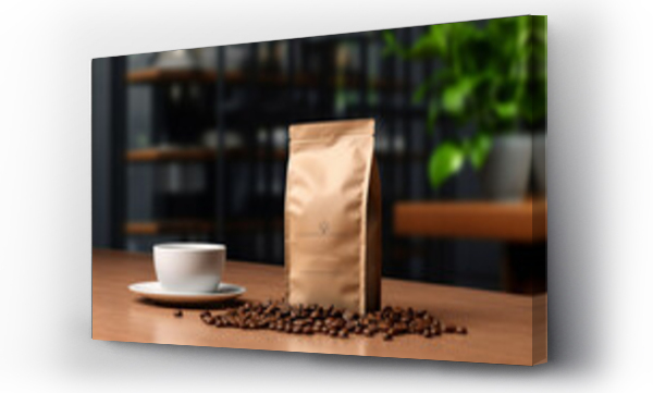 Wizualizacja Obrazu : #659045045 A brown coffee paper bag packaging mockup with spilled coffee beans on a coffee table, a mockup in Photoshop and Photoshop Elements, a mockup in PSD, a mockup for marketing, a mockup for packaging