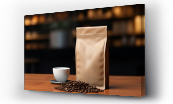 Wizualizacja Obrazu : #659045177 A brown coffee paper bag packaging mockup with spilled coffee beans on a coffee table, a mockup in Photoshop and Photoshop Elements, a mockup in PSD, a mockup for marketing, a mockup for packaging