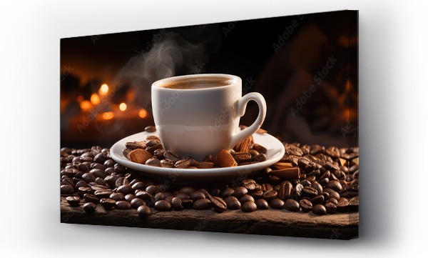 Wizualizacja Obrazu : #659054120 Warm inviting coffee scene with white cup beans sugar on wooden table against dark backdrop