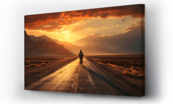 Wizualizacja Obrazu : #659260170 Lone Biker Riding on a Desert Road at Sunset