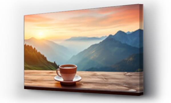 Wizualizacja Obrazu : #659275655 Beautiful Hot morning cup of coffee with mountains background