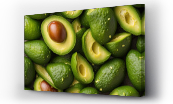 Wizualizacja Obrazu : #659615930 Green ripe avocado background. Fresh tropical fruit banner. Persea Americana surface, close-up. Guacamole ingredient, generated by AI