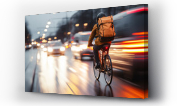 Wizualizacja Obrazu : #659785405 a delivery service courier on a bike rides in city traffic in a blurry. bike road street