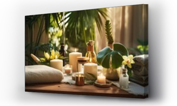 Wizualizacja Obrazu : #659809863 Exquisite display of beauty treatment arranged on spa table in Relaxing and luxury spa resort