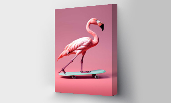 Wizualizacja Obrazu : #659862898 Minimalistic photo of a pink flamingo on a skateboard