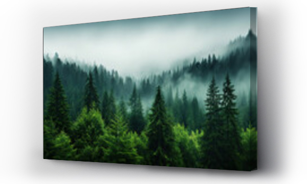 Wizualizacja Obrazu : #659879614 Misty mountain landscape with fir forest in vintage retro style. Generative AI