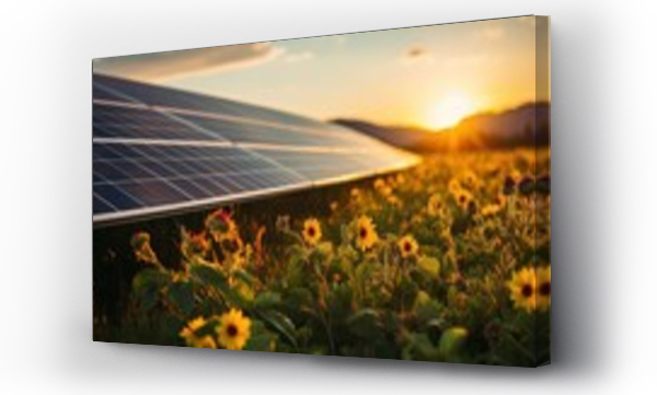 Wizualizacja Obrazu : #660003353 Solar panel at grass outdoor nature sunset sun landscape. Alternative eco power energy electricity.