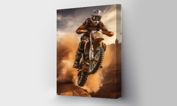 Wizualizacja Obrazu : #660105259 Vertical shot of a racer on a motorcycle in the sandy desert. Generative AI