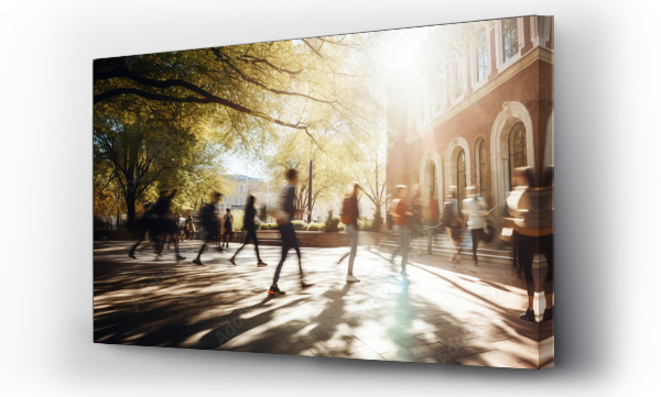Wizualizacja Obrazu : #660161004 Crowd of students walking through a college campus on a sunny day, motion blur