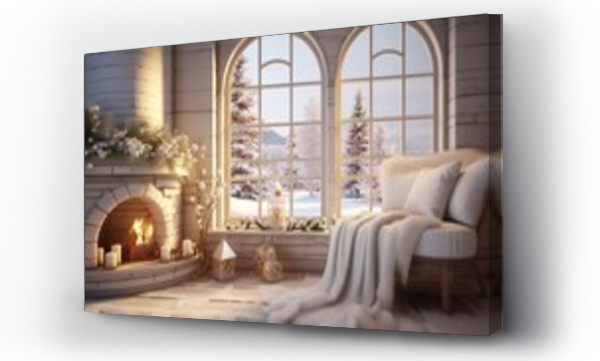 Wizualizacja Obrazu : #660384756 White christmas indoors big window with snow outside bright inside warm and cosy
