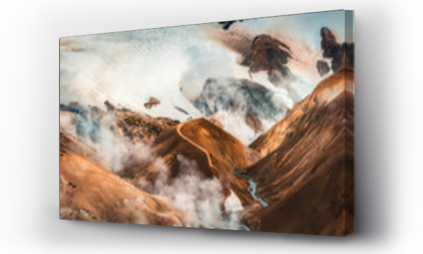 Wizualizacja Obrazu : #660512906 Landscape of Kerlingarfjoll volcanic mountain range with sulfur smoke and tourist hiking in summer at Icelandic Highlands