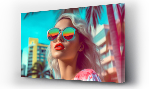Wizualizacja Obrazu : #660631346 Woman in colorful sunglasses, summer retro fashion. Model with city palm, sun and blue sky in background, in the style of miami beach. Fashwave with vibrant colors.