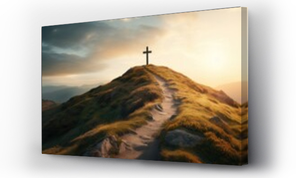 Wizualizacja Obrazu : #660717661 Concept photo of a cross on a hill, with a winding path leading up to it, symbolizing the journey of faith and the challenges and triumphs along the way.