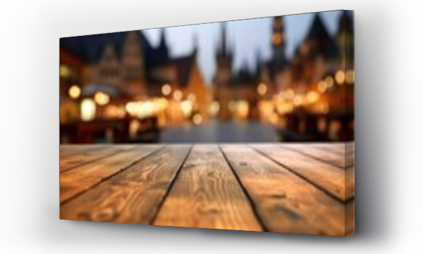 Wizualizacja Obrazu : #660820465 The empty wooden table top with blur background of town square. Exuberant image. generative AI