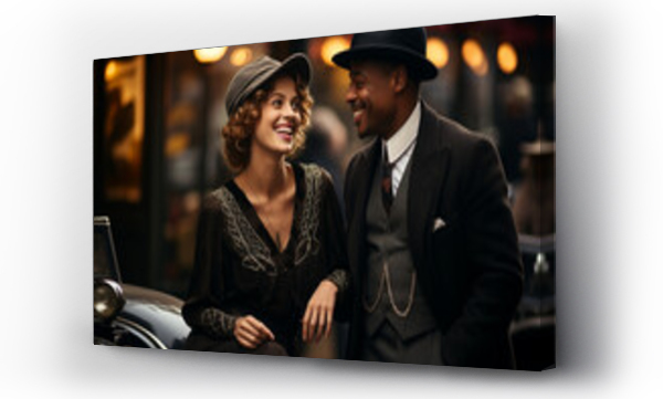 Wizualizacja Obrazu : #660856560 Happy Interracial Couple in 1920s American City Walking the Streets