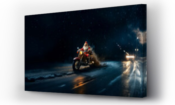 Wizualizacja Obrazu : #660906929 Santa Claus drives fast in motorcycle full of gifts on winter city road. delivery concept, sale