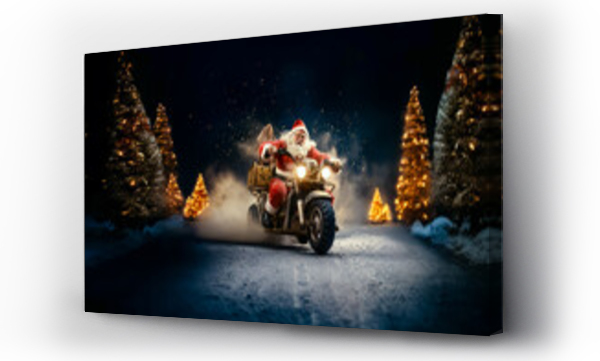 Wizualizacja Obrazu : #660907484 Santa Claus drives fast in motorcycle full of gifts on winter city road. delivery concept, sale