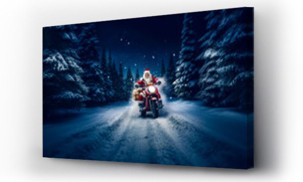 Wizualizacja Obrazu : #660909899 Santa Claus drives fast in motorcycle full of gifts on winter road. delivery concept, sale