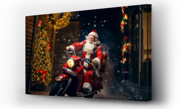 Wizualizacja Obrazu : #660911470 Santa Claus drives fast in motorcycle full of gifts on winter city road. delivery concept, sale