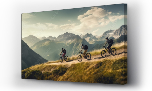 Wizualizacja Obrazu : #660955943 Three friends on bicycles enjoying a riding in the mountains landscape. Banner