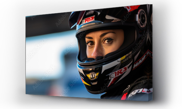 Wizualizacja Obrazu : #660962122 A close-up of a female racer wearing a safety helmet.