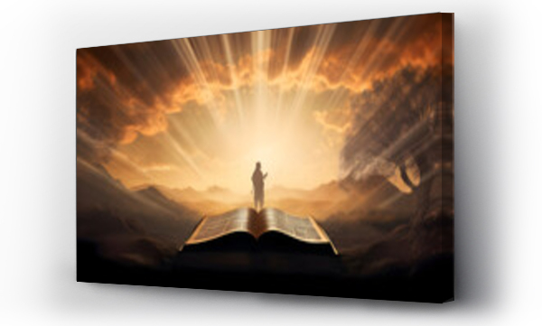 Wizualizacja Obrazu : #660963384 Bright Sunlight Illuminating the Path, with the Silhouette of the Holy Bible and Jesus Christ, Signifying Spiritual Enlightenment and Guidance