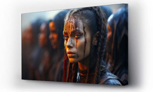 Wizualizacja Obrazu : #661068479 Raw depiction of a bloodied tribal warrior woman post-battle.