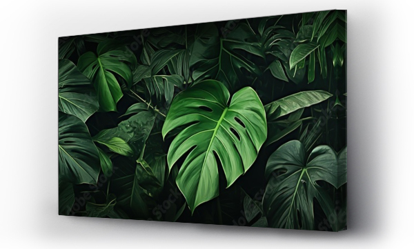 Wizualizacja Obrazu : #661097887 banner dark Bali style template green background, exotic tropical wall with green leaves , abstract dark floral pattern green lianas interweavings, monstera.