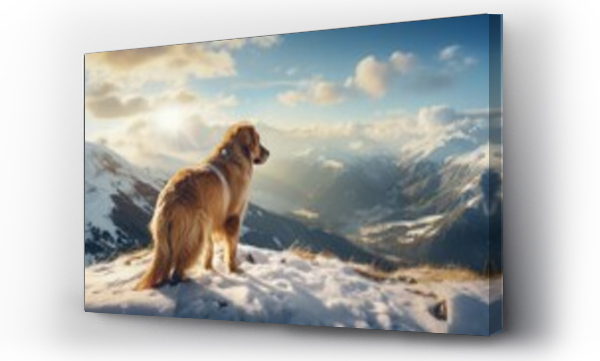 Wizualizacja Obrazu : #661365837 golden retriever dog standing on a snowy mountain with panorama view on a beautiful winter landscape