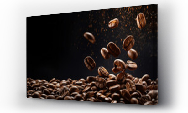 Wizualizacja Obrazu : #661451007 Roasted coffee beans mid-air, glistening and cascading, illuminated against a dark, dramatic backdrop, capturing the essence of a fresh brew