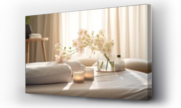 Wizualizacja Obrazu : #661533266 Sunlit spa Massage table with fresh blooms, curtains soft light over tranquil settings