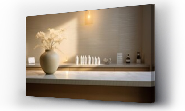 Wizualizacja Obrazu : #661533627 minimalist spa interior: vacant reception, sleek design elements, illuminated by contemporary lights
