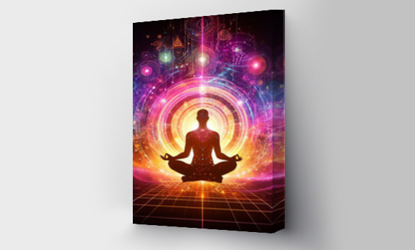 Wizualizacja Obrazu : #661631600 Yoga meditation lotus pose, spiritual enlightenment, spiritual dimension, aura, spiritual and Yin Yang symbols, balancing your life in nature concept, spiritual energy