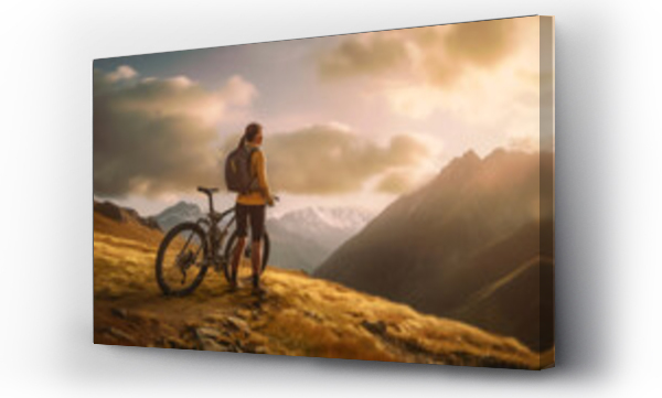 Wizualizacja Obrazu : #661650750 Woman stands with sports bike at mountain top on sunset sky background