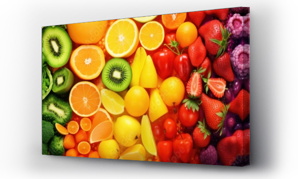 Wizualizacja Obrazu : #661860924 Variety of fresh fruits, top view, bright rainbow colors.