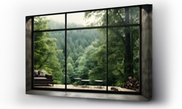 Wizualizacja Obrazu : #661891074 Interior of modern living room with wooden floor and panoramic window overlooking green forest