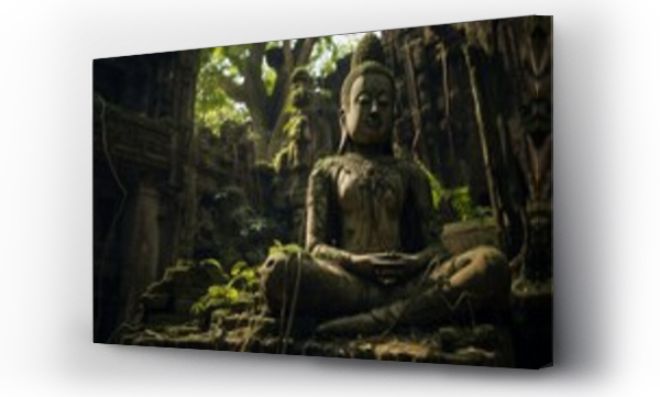 Wizualizacja Obrazu : #661986244 An aged, weathered Buddha statue nestled within ancient temple ruins.