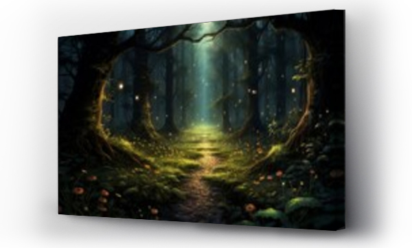 Wizualizacja Obrazu : #662053461 Darkened forest pathway illuminated only by the faint glow of fireflies.