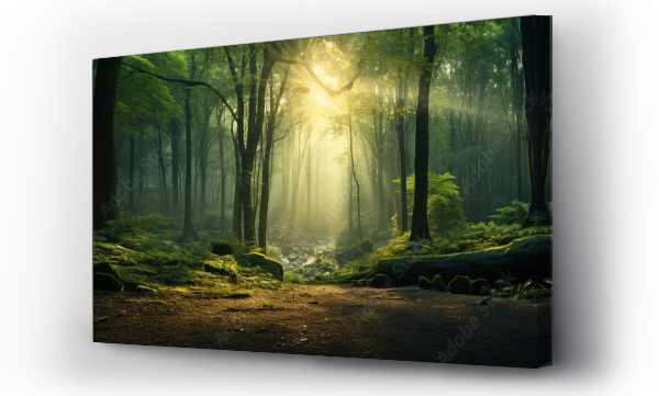 Wizualizacja Obrazu : #662095374 green forest trees with sun ray background, Generative AI