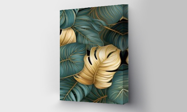 Wizualizacja Obrazu : #662153299 Luxury seamless floral background with golden monstera leaves. Romantic pattern template for wall decor. generative ai.