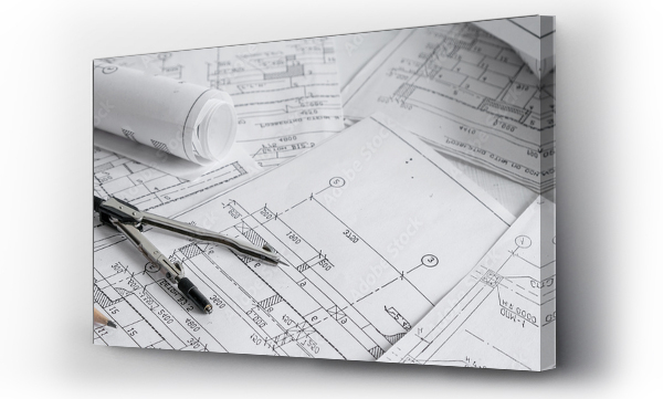 Wizualizacja Obrazu : #662188690 architect design working drawing sketch plans blueprints and making architectural construction model in architect studio,flat lay.