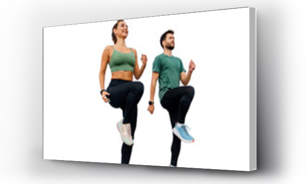 Wizualizacja Obrazu : #662197609 Active leg exercises in fitness clothes. Body warm-up two people train a male instructor and a female client.  Sports friends active lifestyle time for sports. Transparent background.