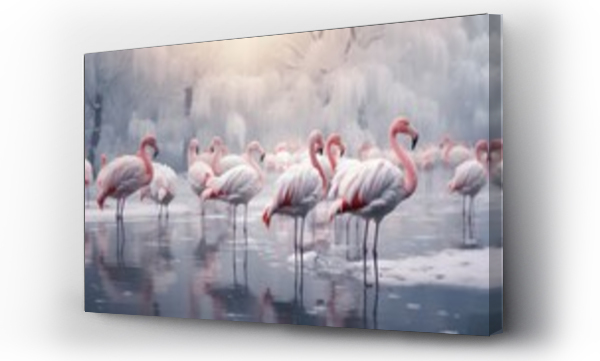 Wizualizacja Obrazu : #662498557 Tranquil winter flamingos gathered by a frozen lake, their pink plumage creating a striking contrast against the snowy backdrop, as they gracefully rest in the serene winter scene.